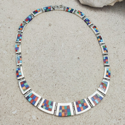 Vintage silver inlay necklace with semi precious stones