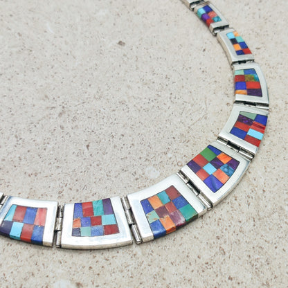 Vintage silver inlay necklace with semi precious stones