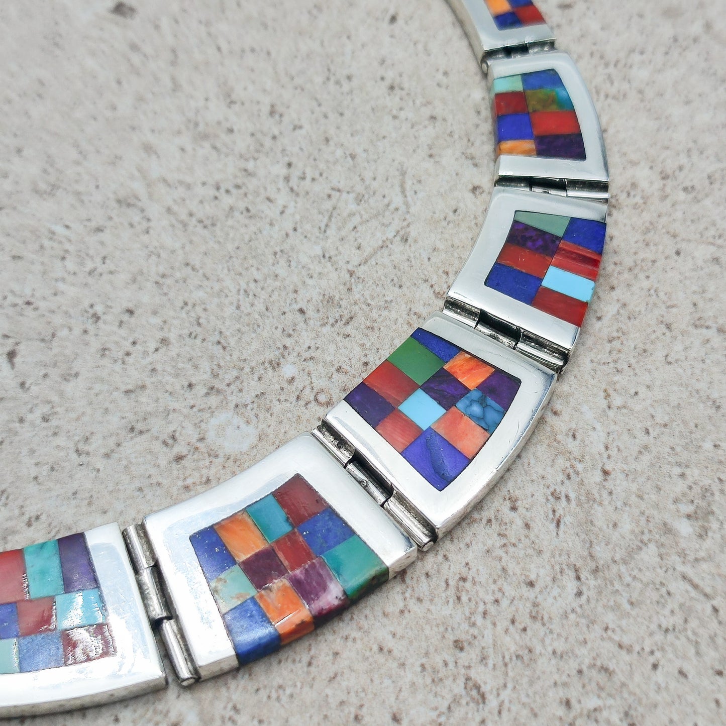 Vintage silver inlay necklace with semi precious stones