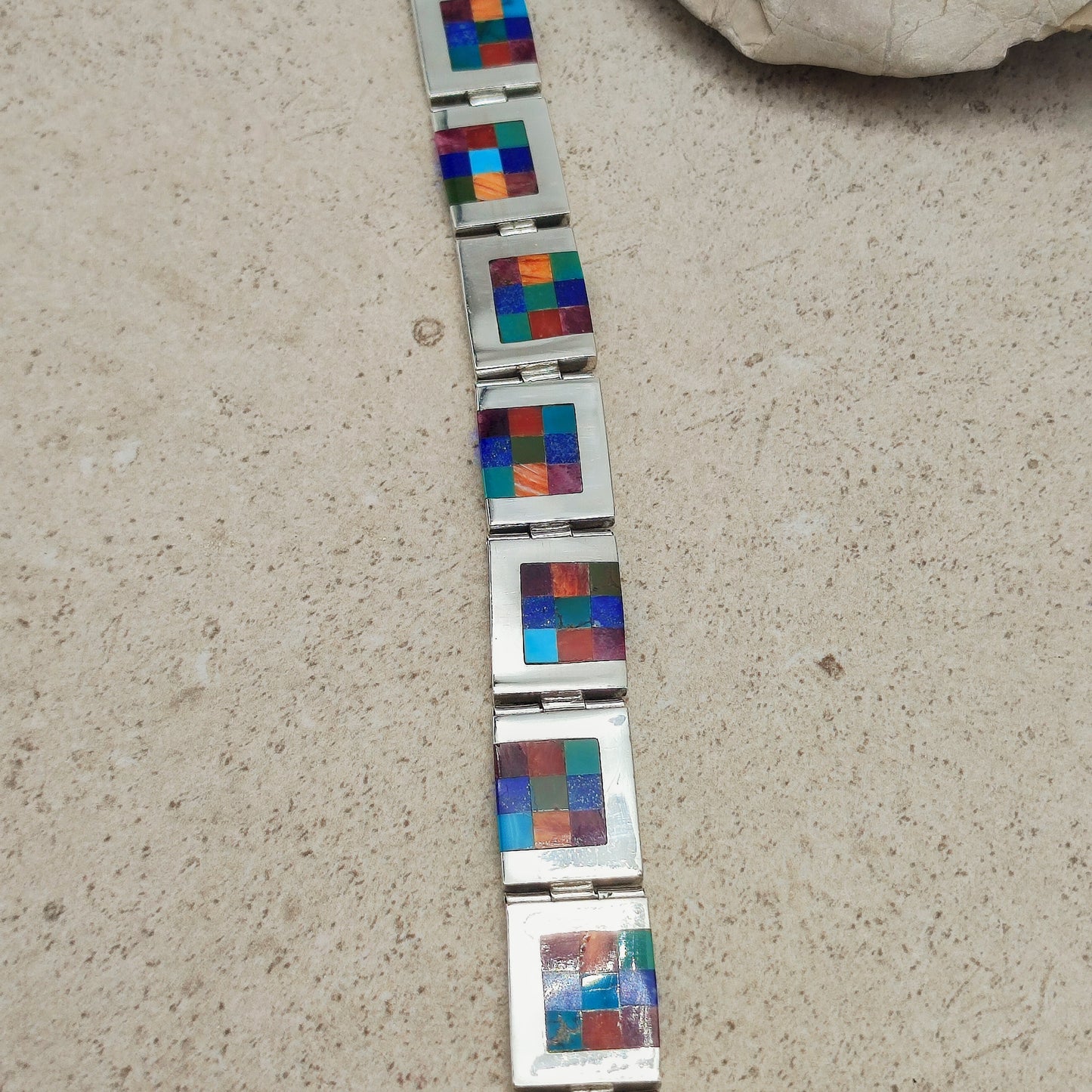 Vintage silver inlay bracelet with Semi precious stones