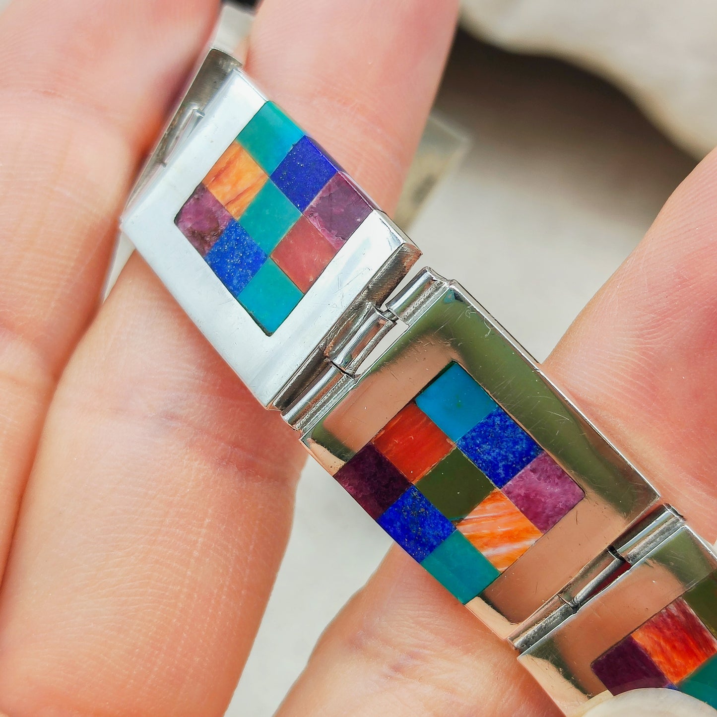 Vintage silver inlay bracelet with Semi precious stones