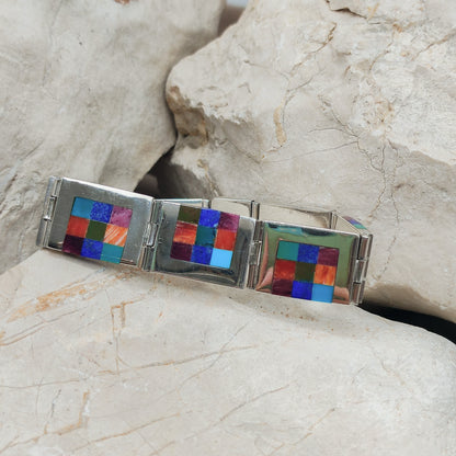 Vintage silver inlay bracelet with Semi precious stones