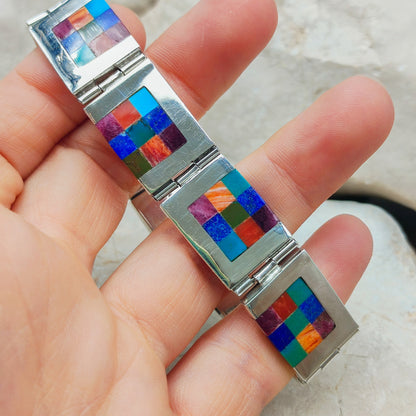 Vintage silver inlay bracelet with Semi precious stones