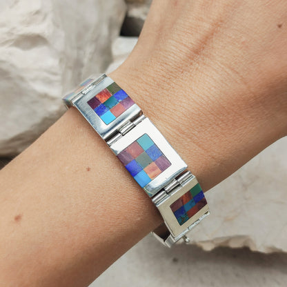 Vintage silver inlay bracelet with Semi precious stones
