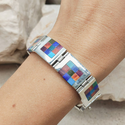 Vintage silver inlay bracelet with Semi precious stones