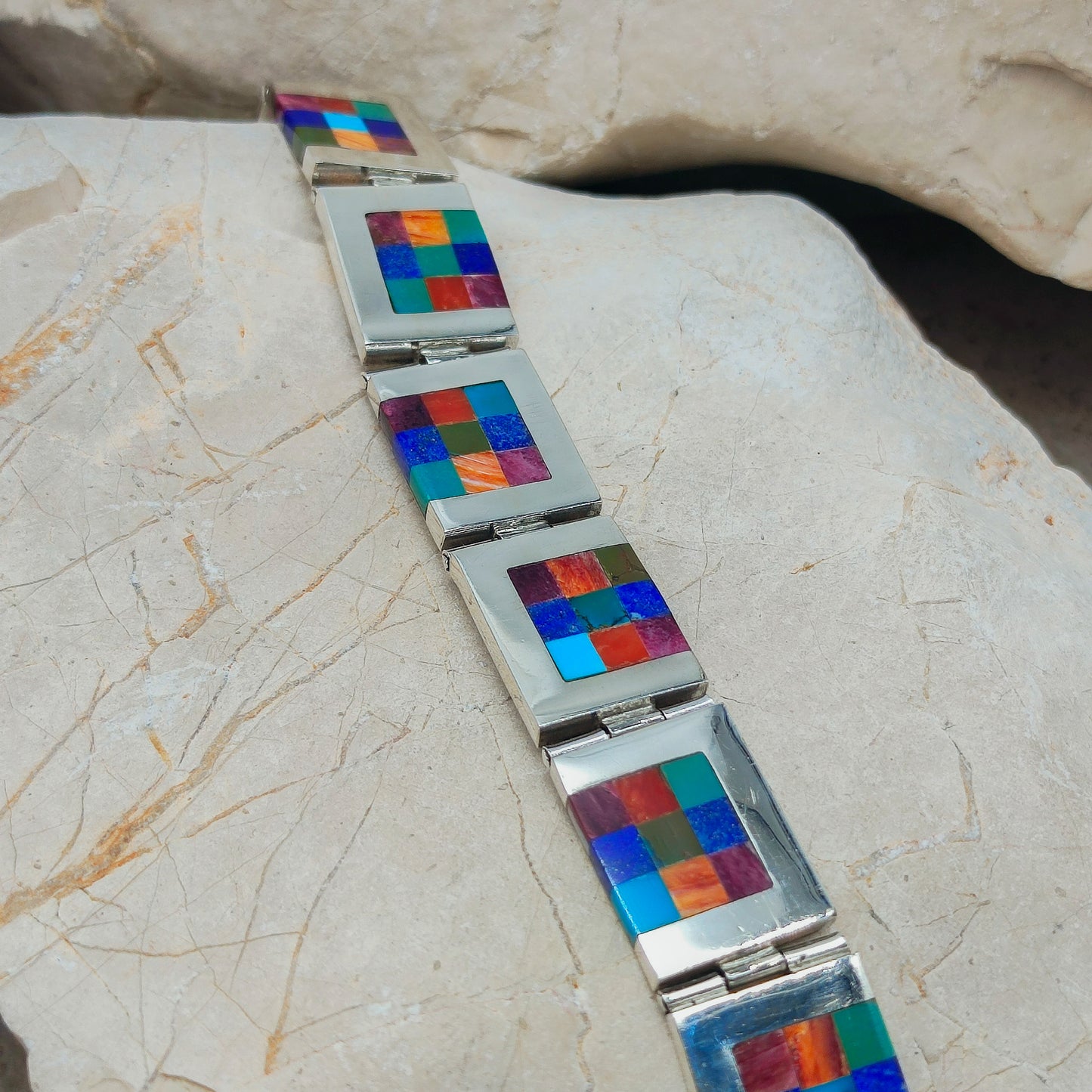 Vintage silver inlay bracelet with Semi precious stones