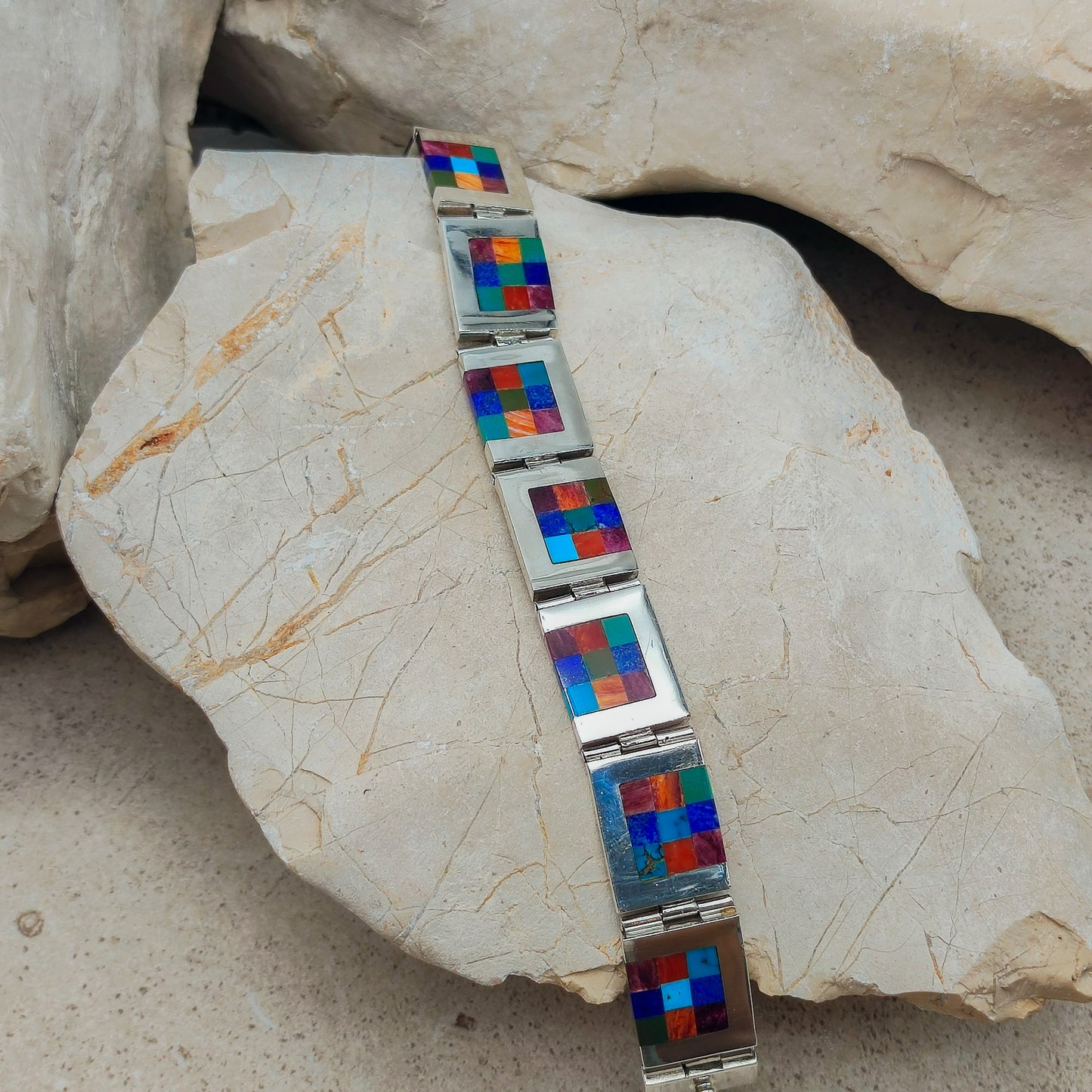 Vintage silver inlay bracelet with Semi precious stones