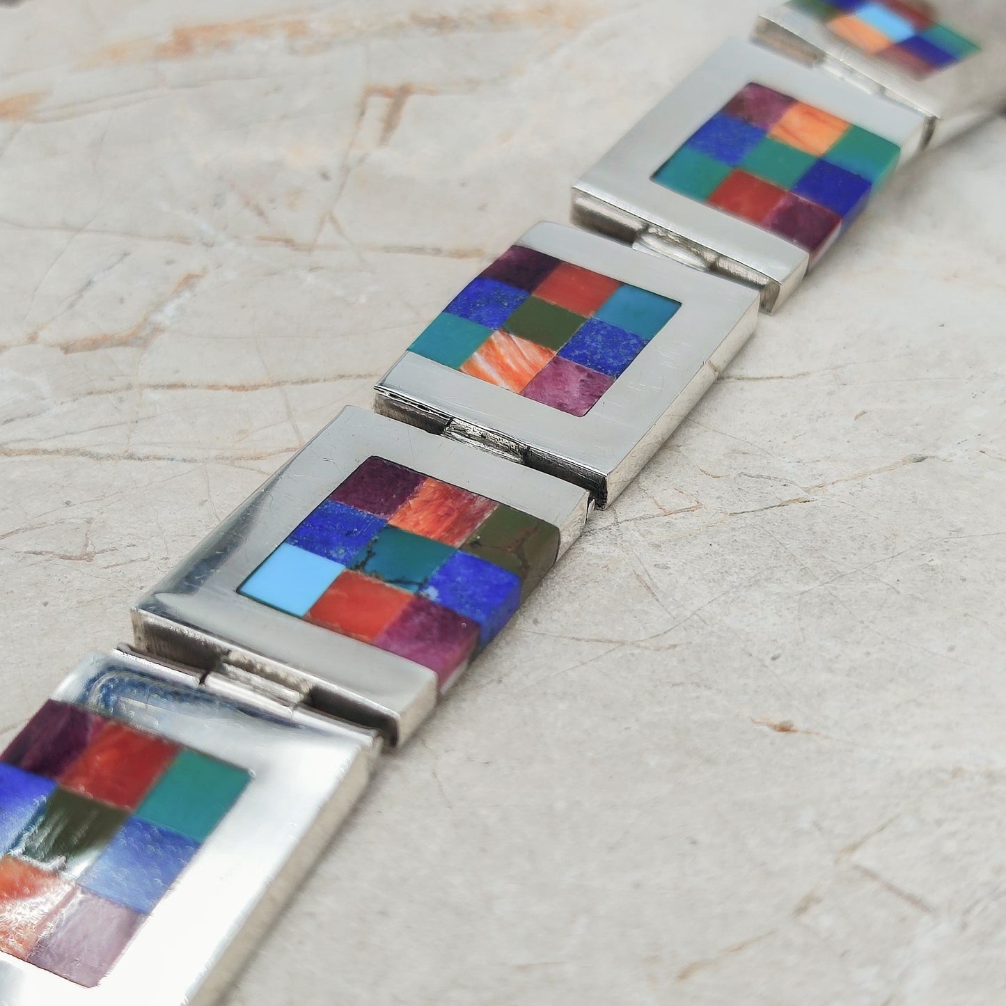 Vintage silver inlay bracelet with Semi precious stones