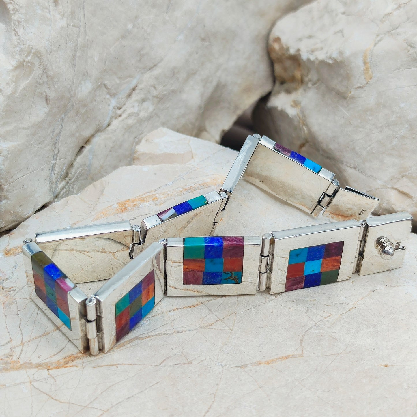 Vintage silver inlay bracelet with Semi precious stones