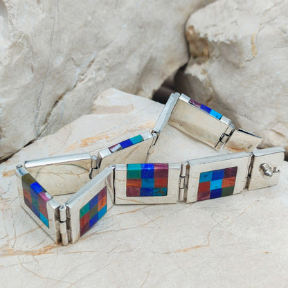 Vintage silver inlay bracelet with Semi precious stones