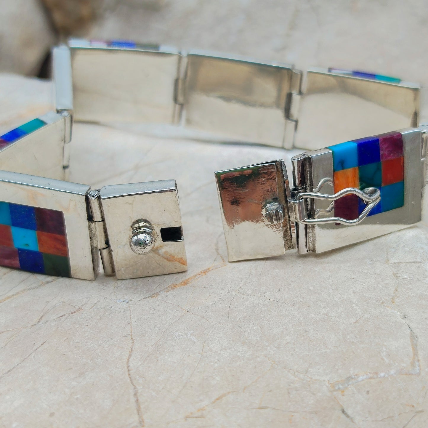 Vintage silver inlay bracelet with Semi precious stones