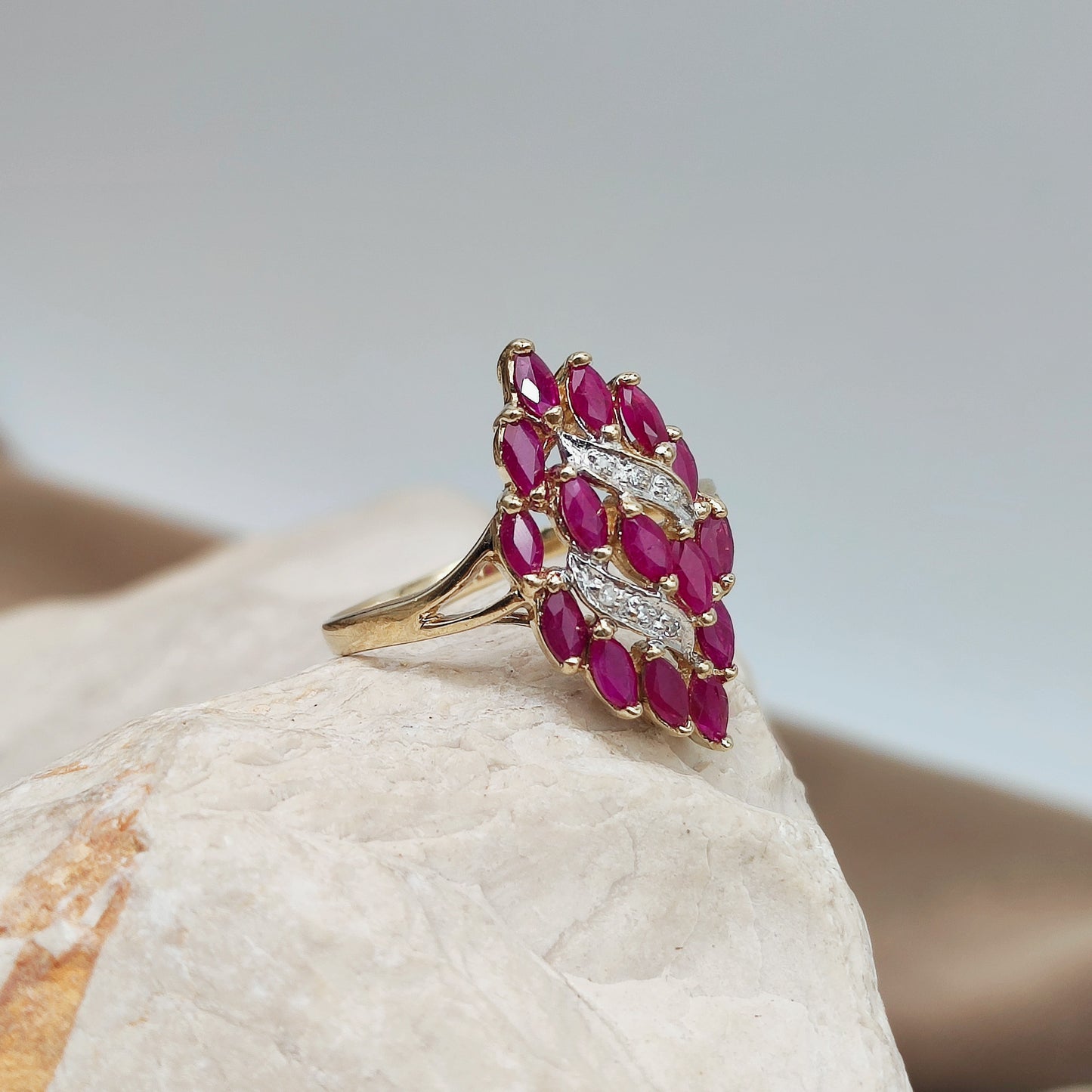 Vintage Spinel and Diamond Navette ring in 8K gold