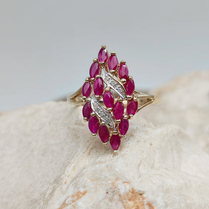 Vintage Spinel and Diamond Navette ring in 8K gold