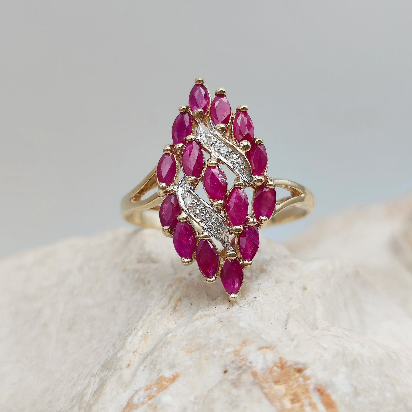 Vintage Spinel and Diamond Navette ring in 8K gold