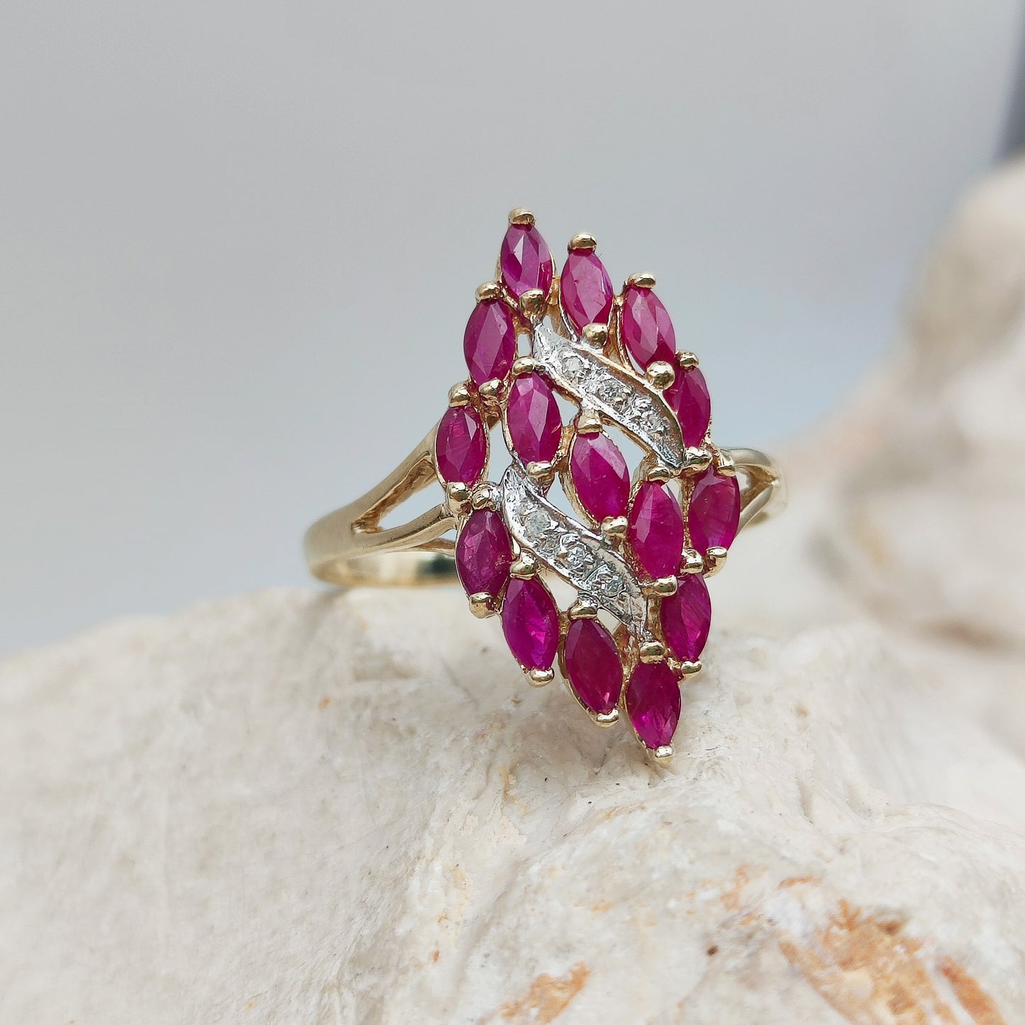 Vintage Spinel and Diamond Navette ring in 8K gold