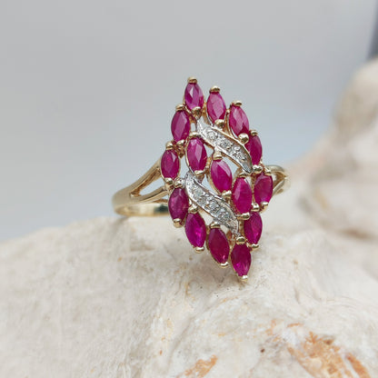 Vintage Spinel and Diamond Navette ring in 8K gold