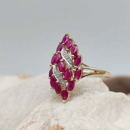 Vintage Spinel and Diamond Navette ring in 8K gold