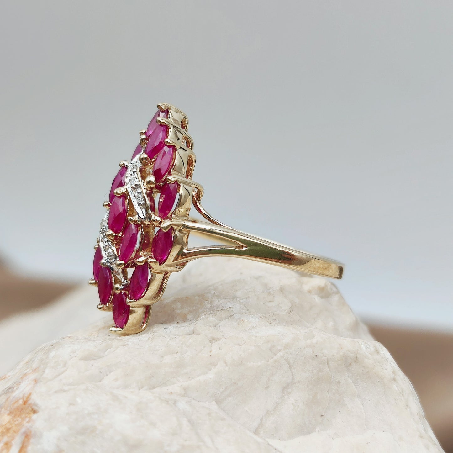 Vintage Spinel and Diamond Navette ring in 8K gold