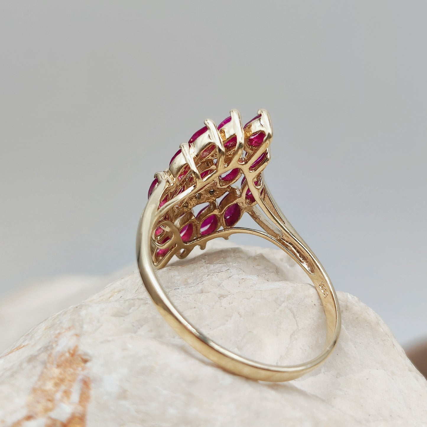 Vintage Spinel and Diamond Navette ring in 8K gold