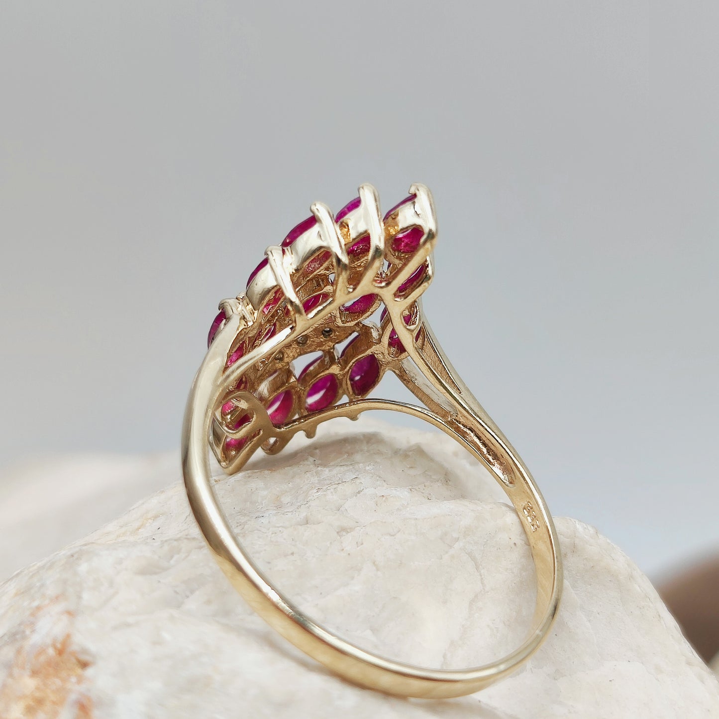 Vintage Spinel and Diamond Navette ring in 8K gold