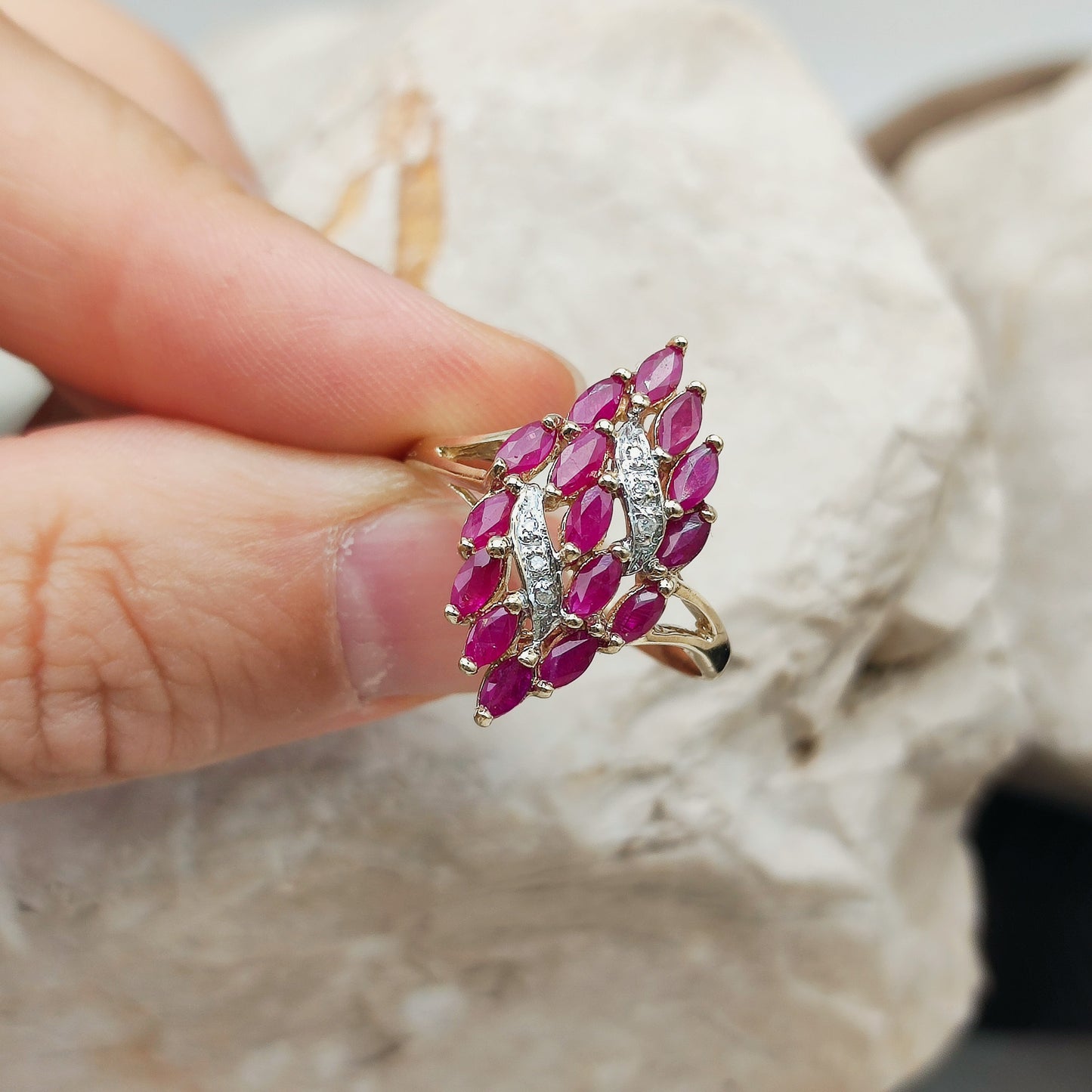 Vintage Spinel and Diamond Navette ring in 8K gold