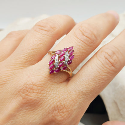 Vintage Spinel and Diamond Navette ring in 8K gold