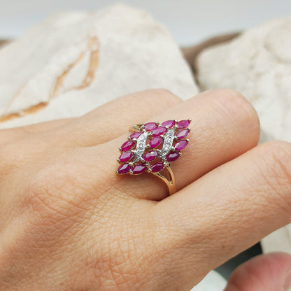 Vintage Spinel and Diamond Navette ring in 8K gold