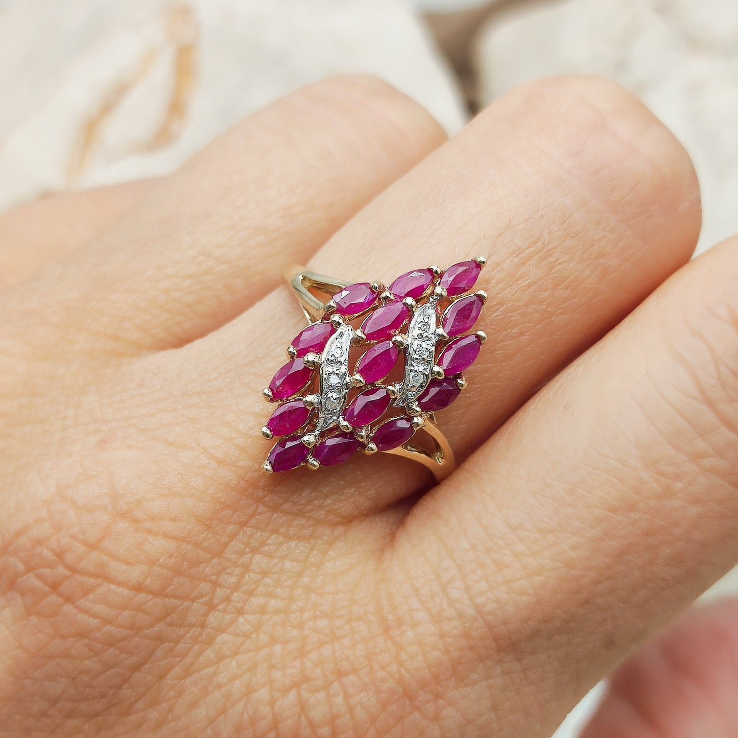 Vintage Spinel and Diamond Navette ring in 8K gold