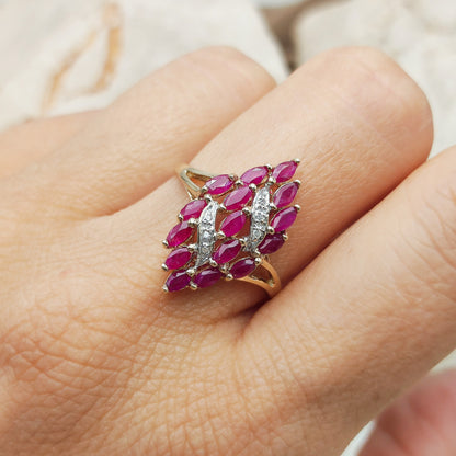 Vintage Spinel and Diamond Navette ring in 8K gold