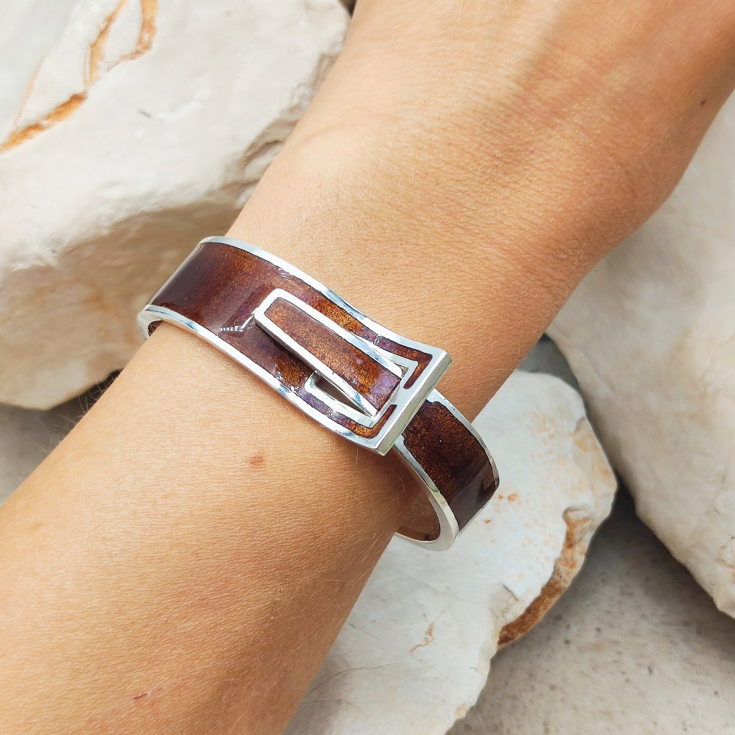 Silver Modernist brown enamel bracelet