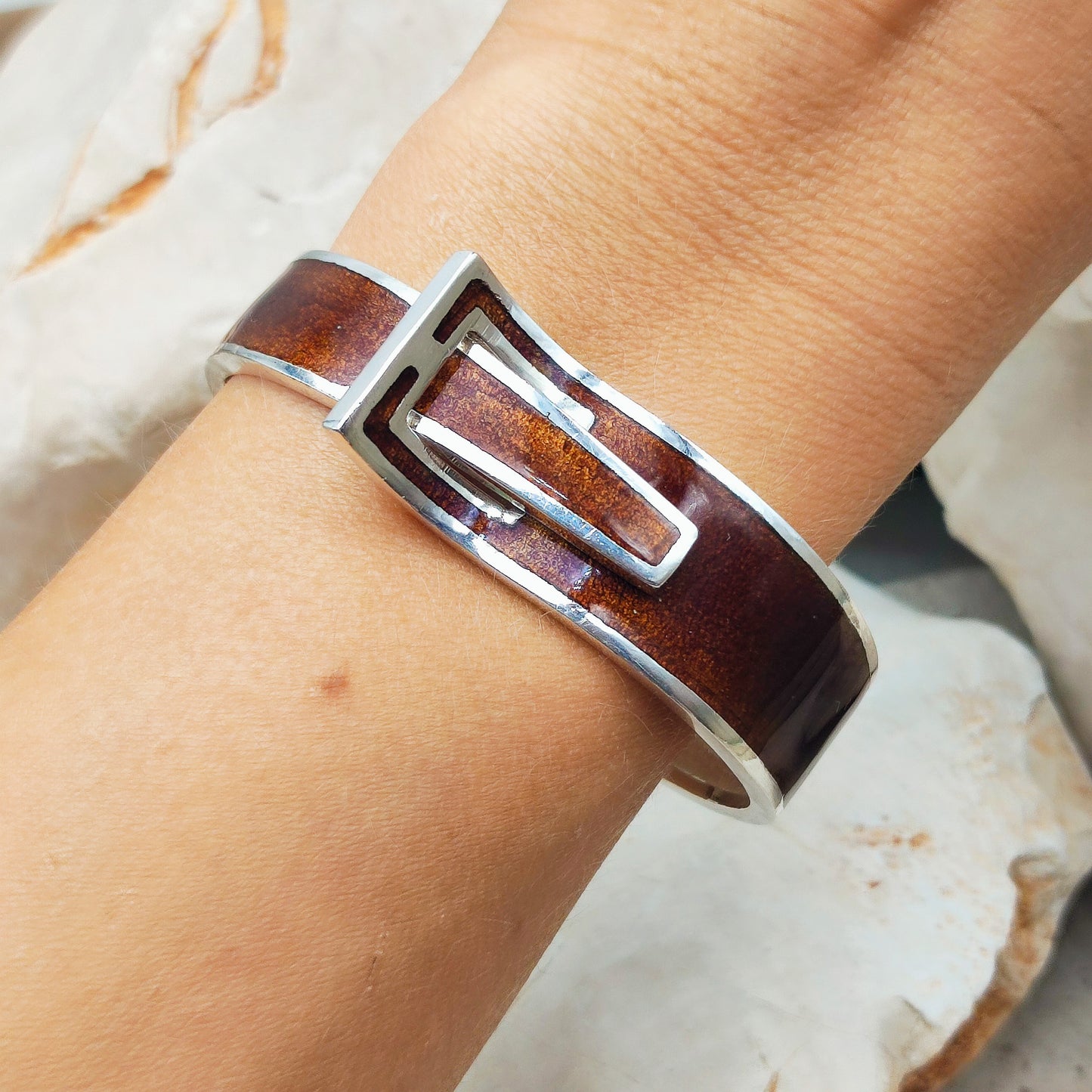 Silver Modernist brown enamel bracelet
