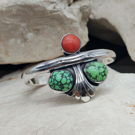 Silver cuff bracelet with Coral and Turquoise