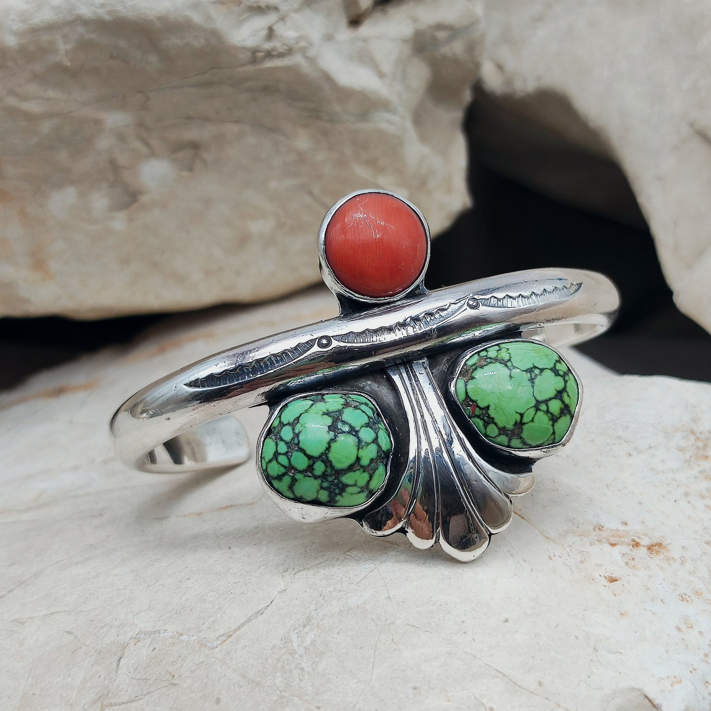 Silver cuff bracelet with Coral and Turquoise