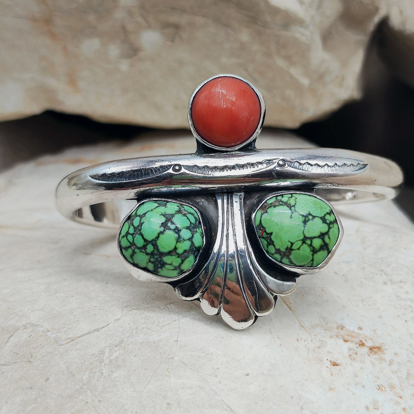 Silver cuff bracelet with Coral and Turquoise