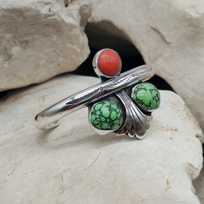 Silver cuff bracelet with Coral and Turquoise