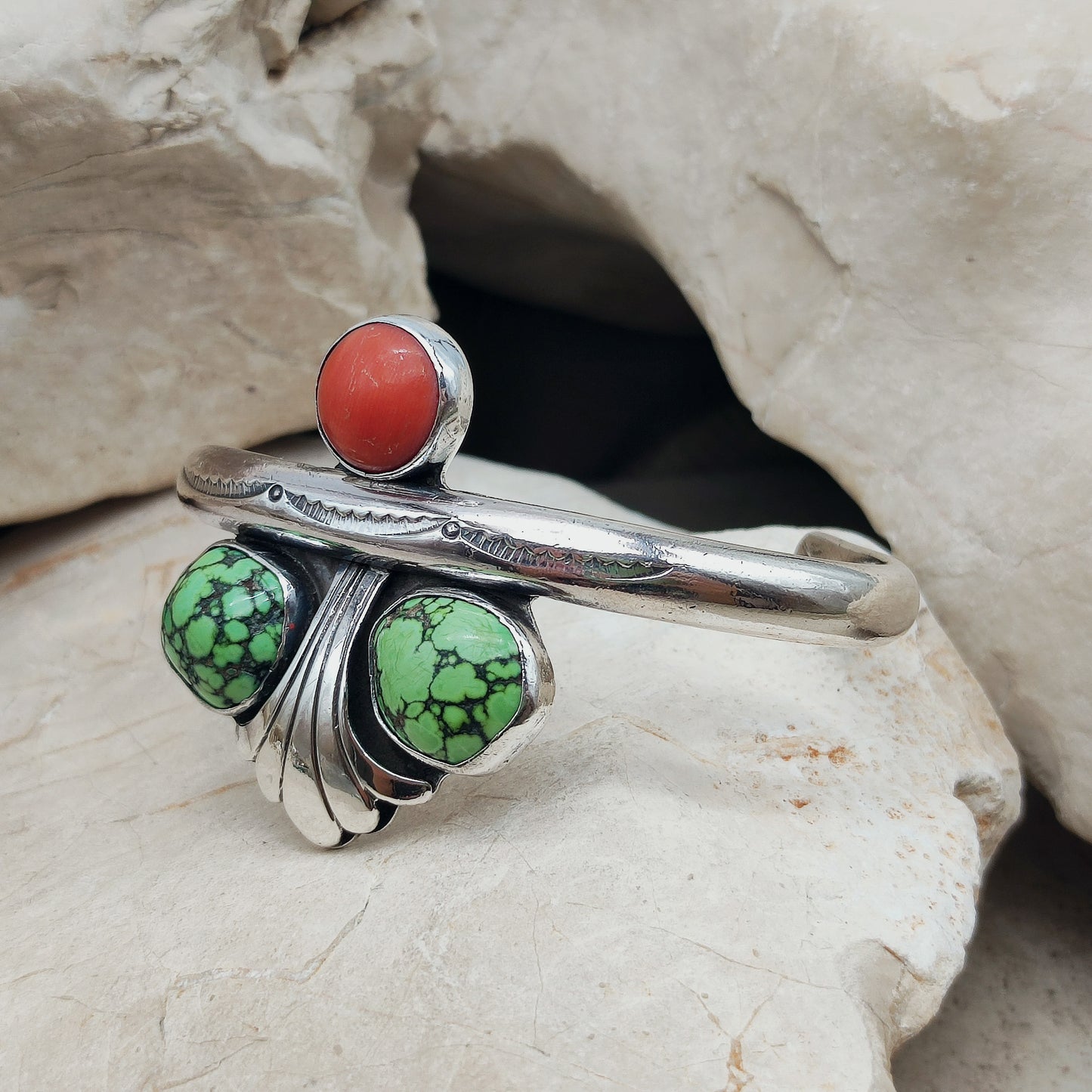 Silver cuff bracelet with Coral and Turquoise