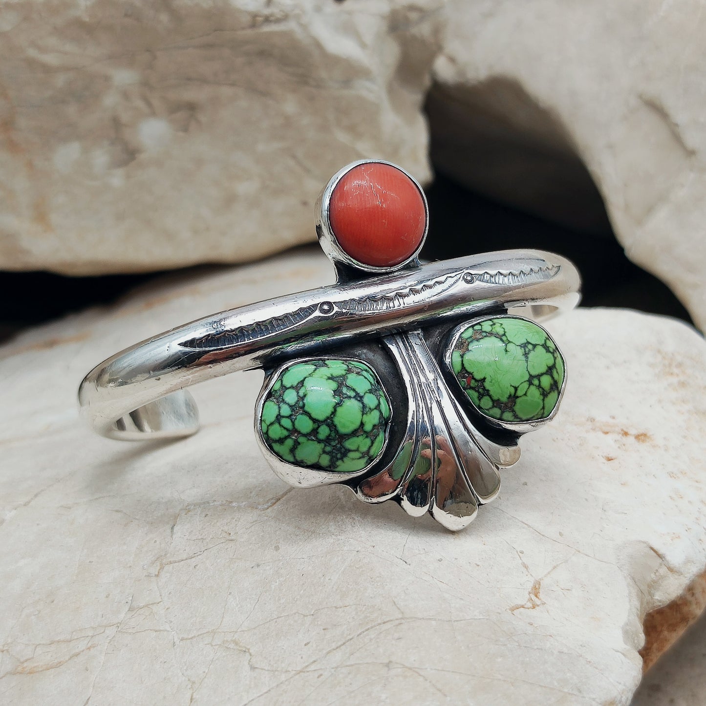 Silver cuff bracelet with Coral and Turquoise