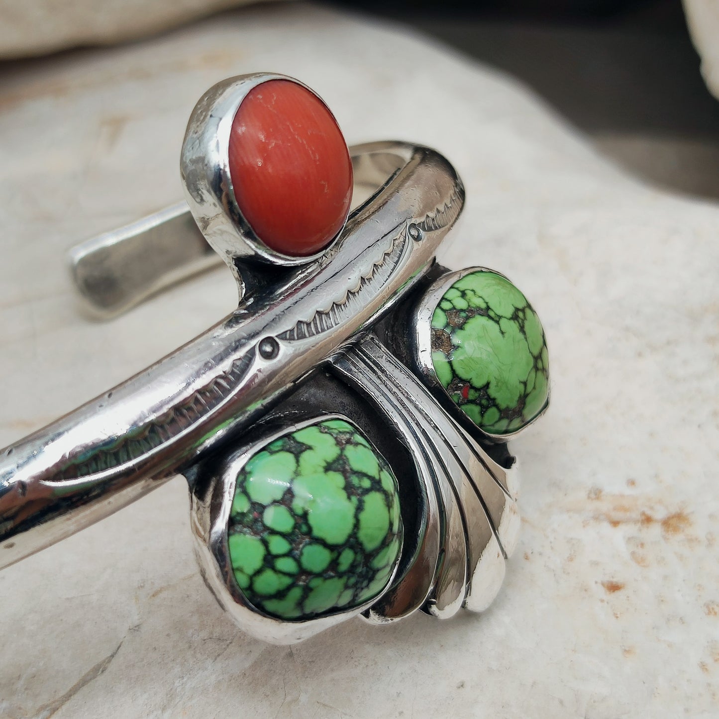 Silver cuff bracelet with Coral and Turquoise