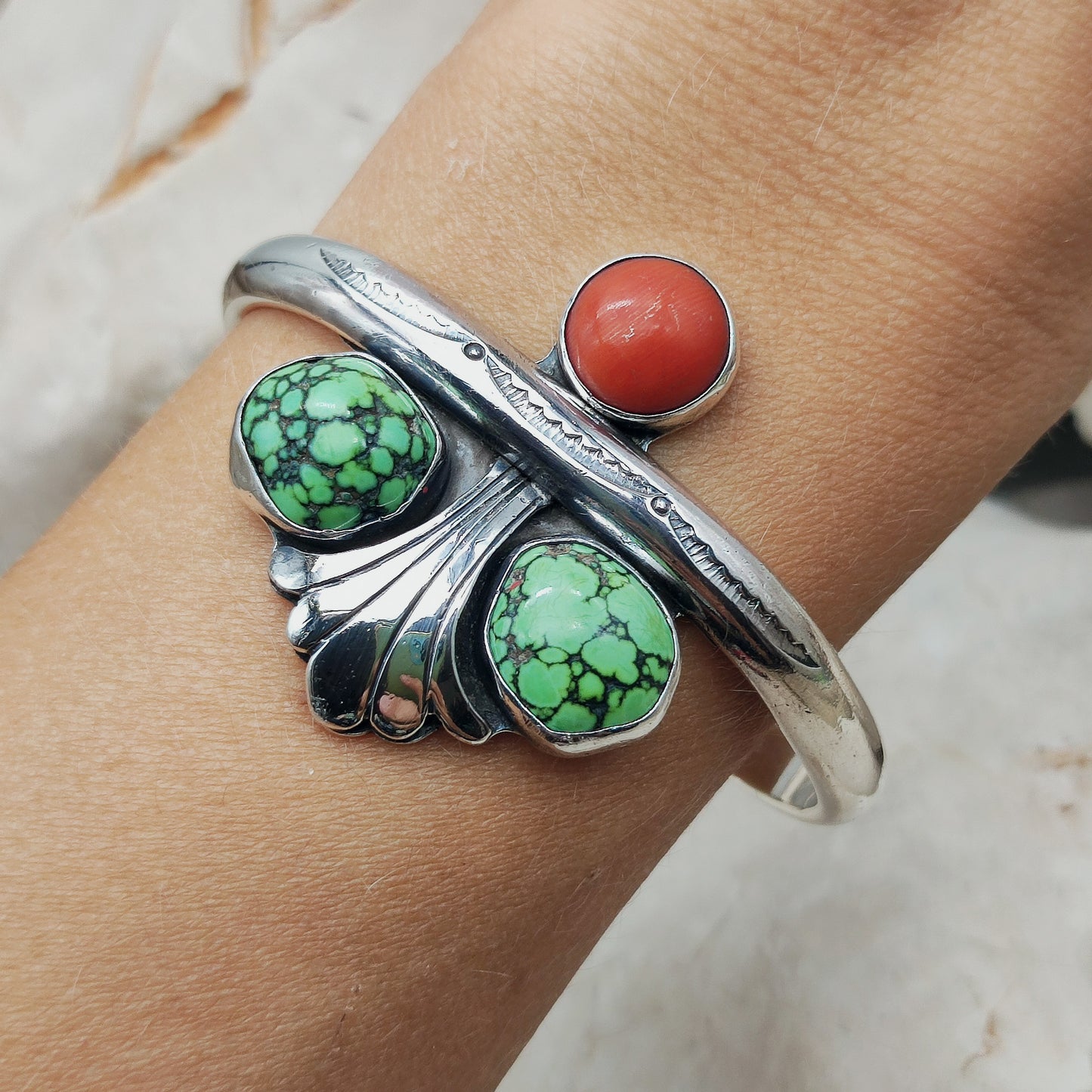 Silver cuff bracelet with Coral and Turquoise
