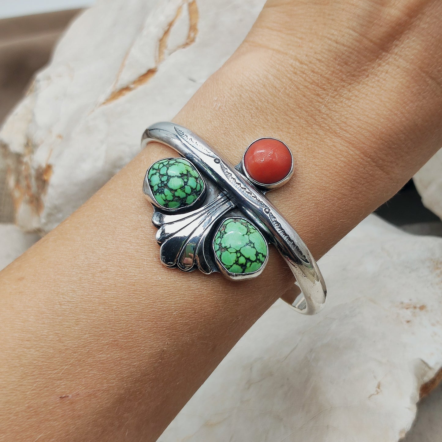 Silver cuff bracelet with Coral and Turquoise