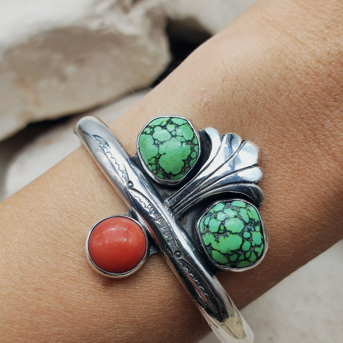 Silver cuff bracelet with Coral and Turquoise
