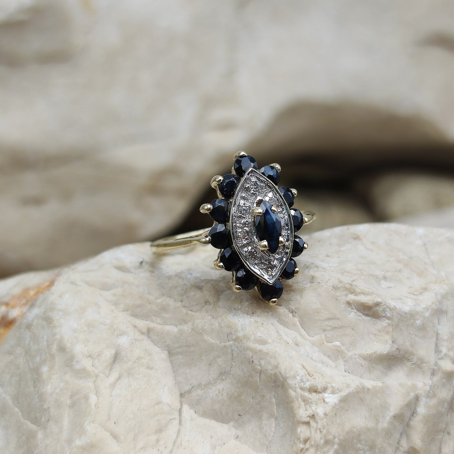 Vintage sapphire and diamond navette ring in 9K gold