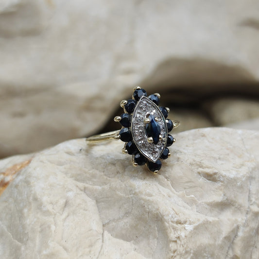 Vintage sapphire and diamond navette ring in 9K gold