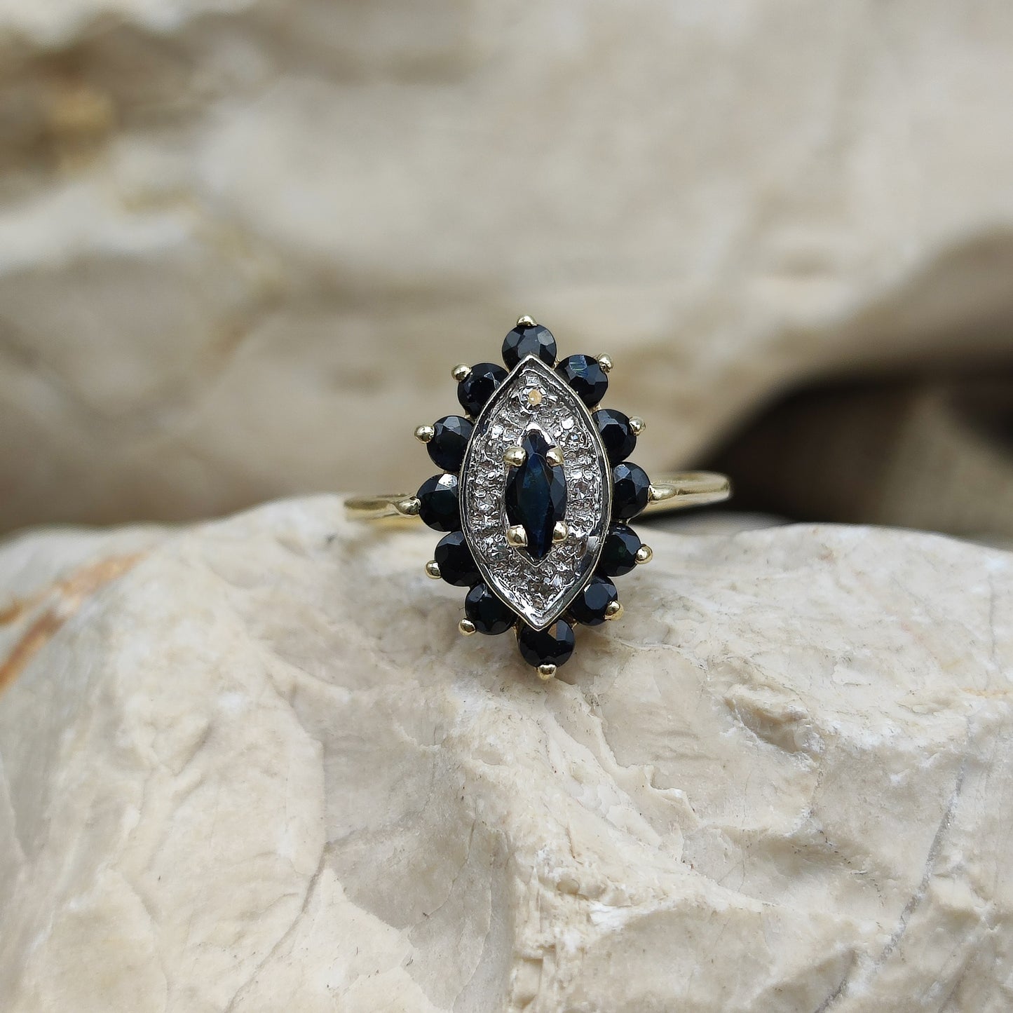 Vintage sapphire and diamond navette ring in 9K gold