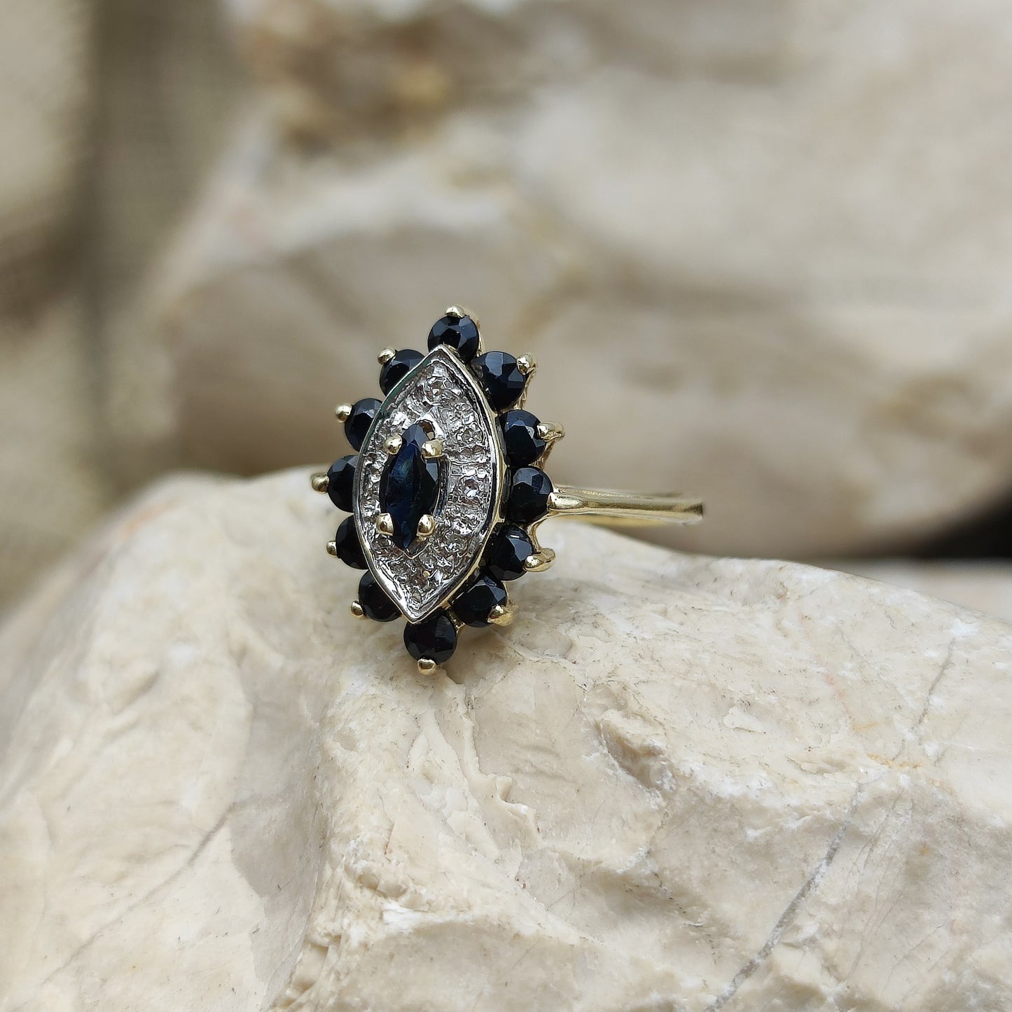 Vintage sapphire and diamond navette ring in 9K gold