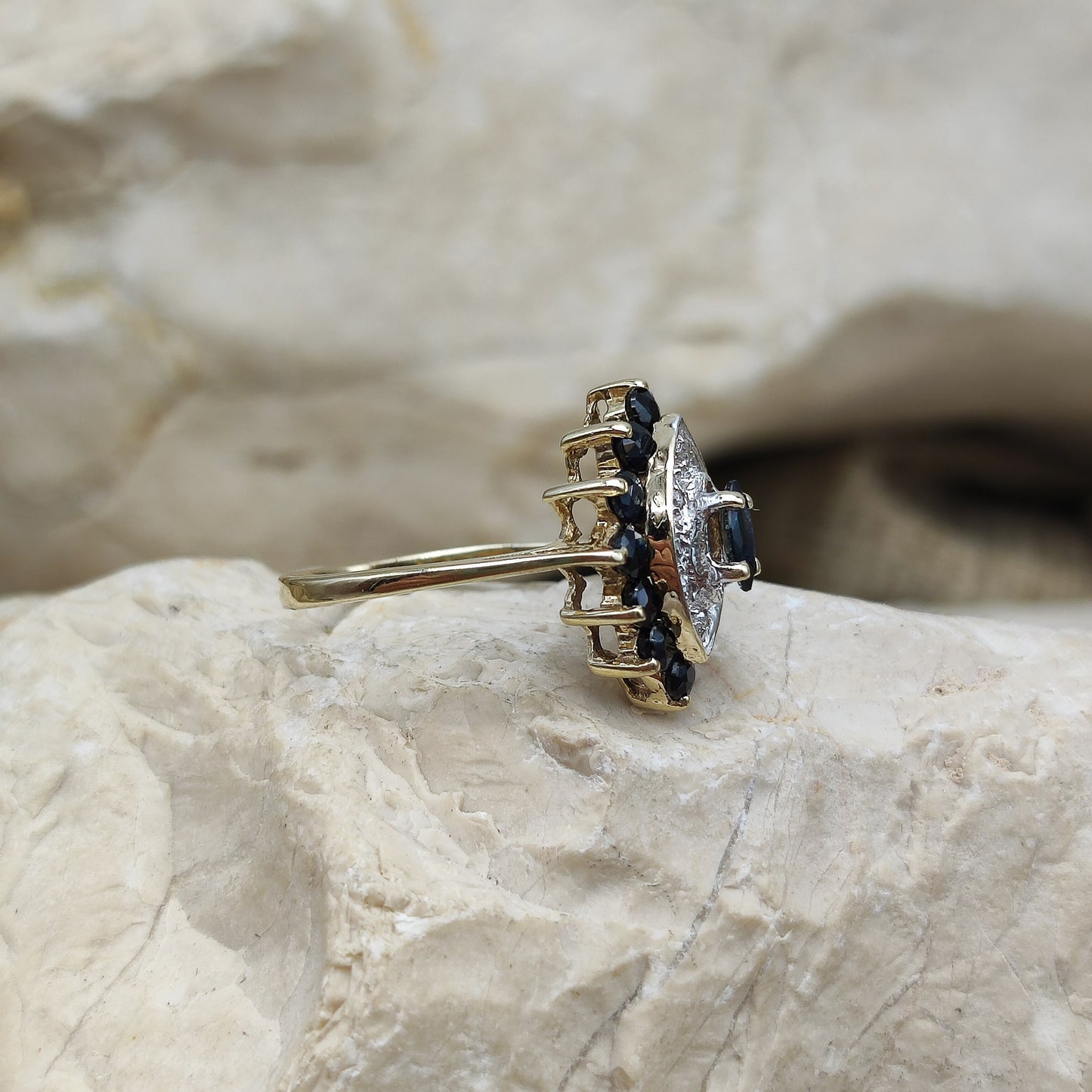 Vintage sapphire and diamond navette ring in 9K gold