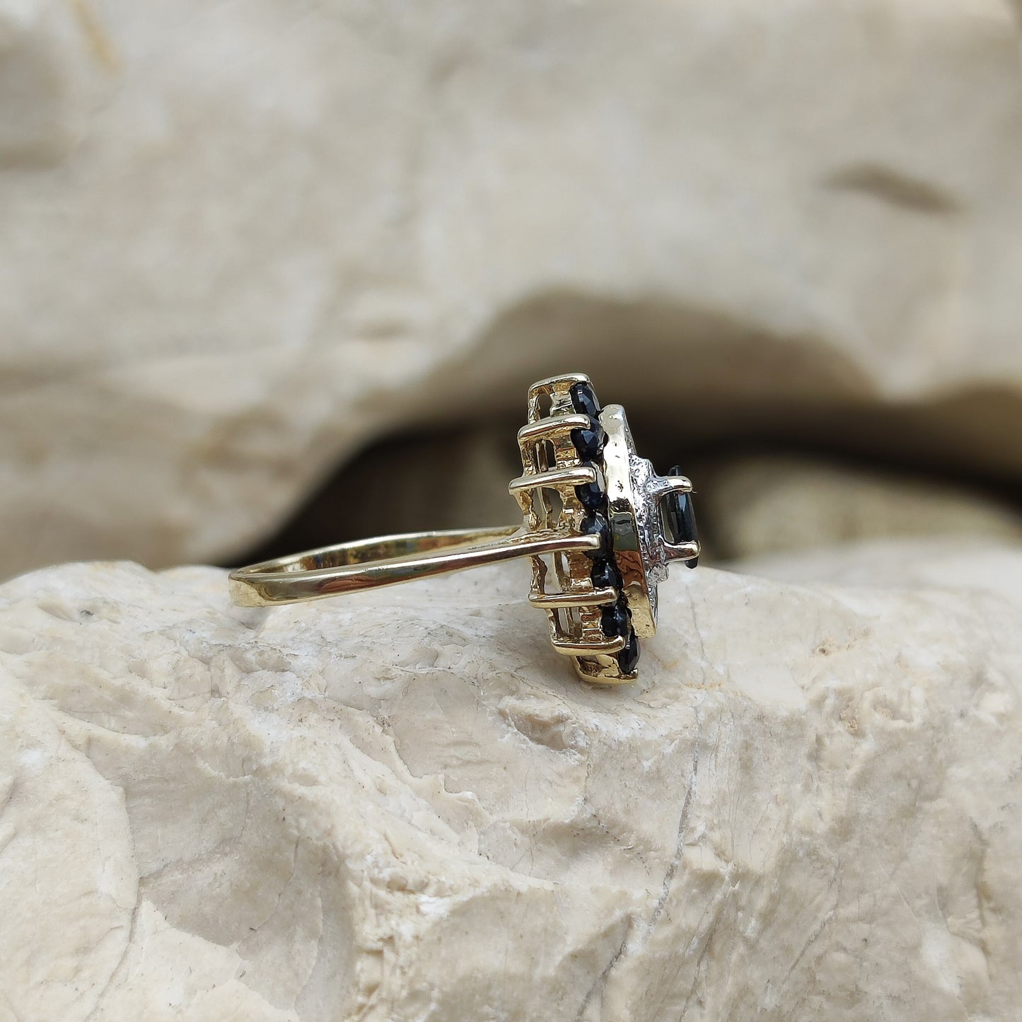 Vintage sapphire and diamond navette ring in 9K gold