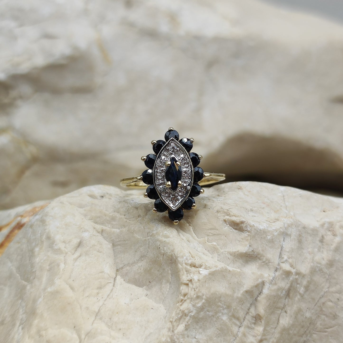 Vintage sapphire and diamond navette ring in 9K gold