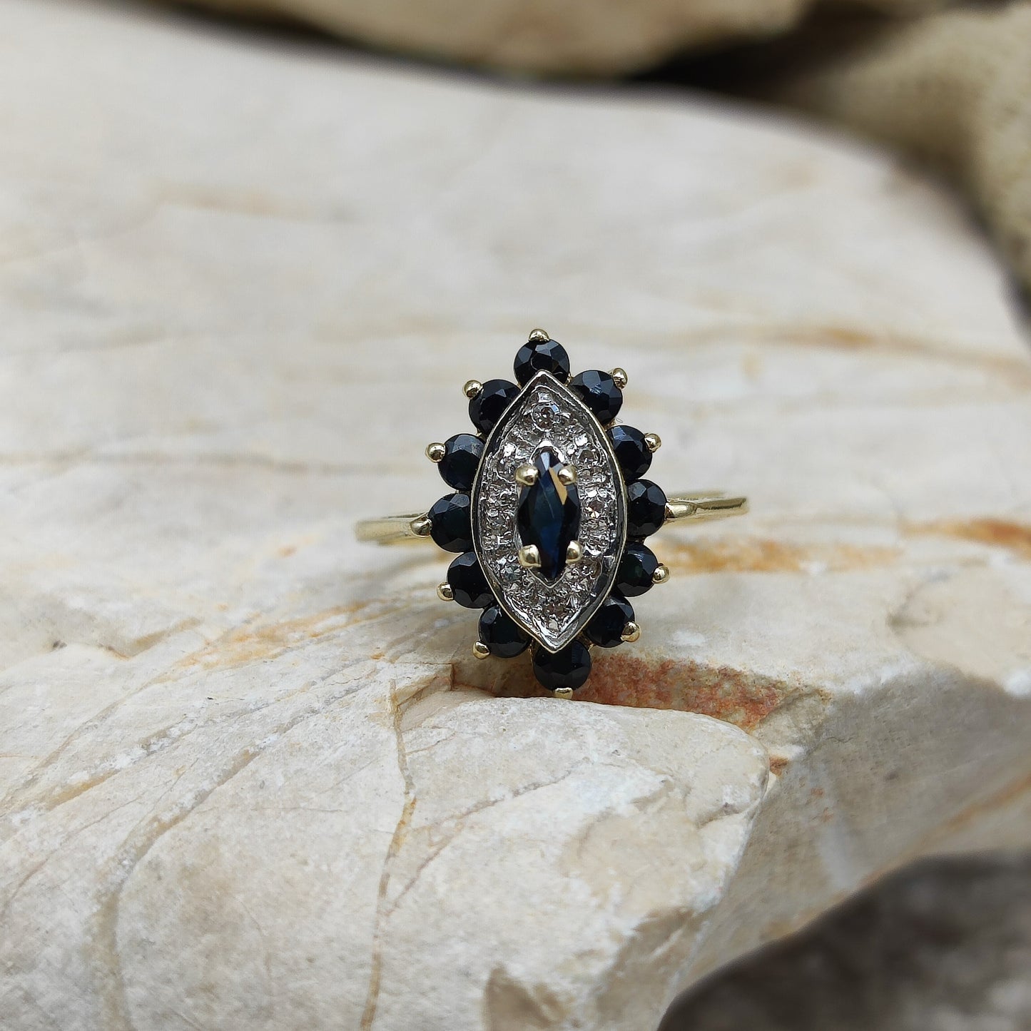 Vintage sapphire and diamond navette ring in 9K gold
