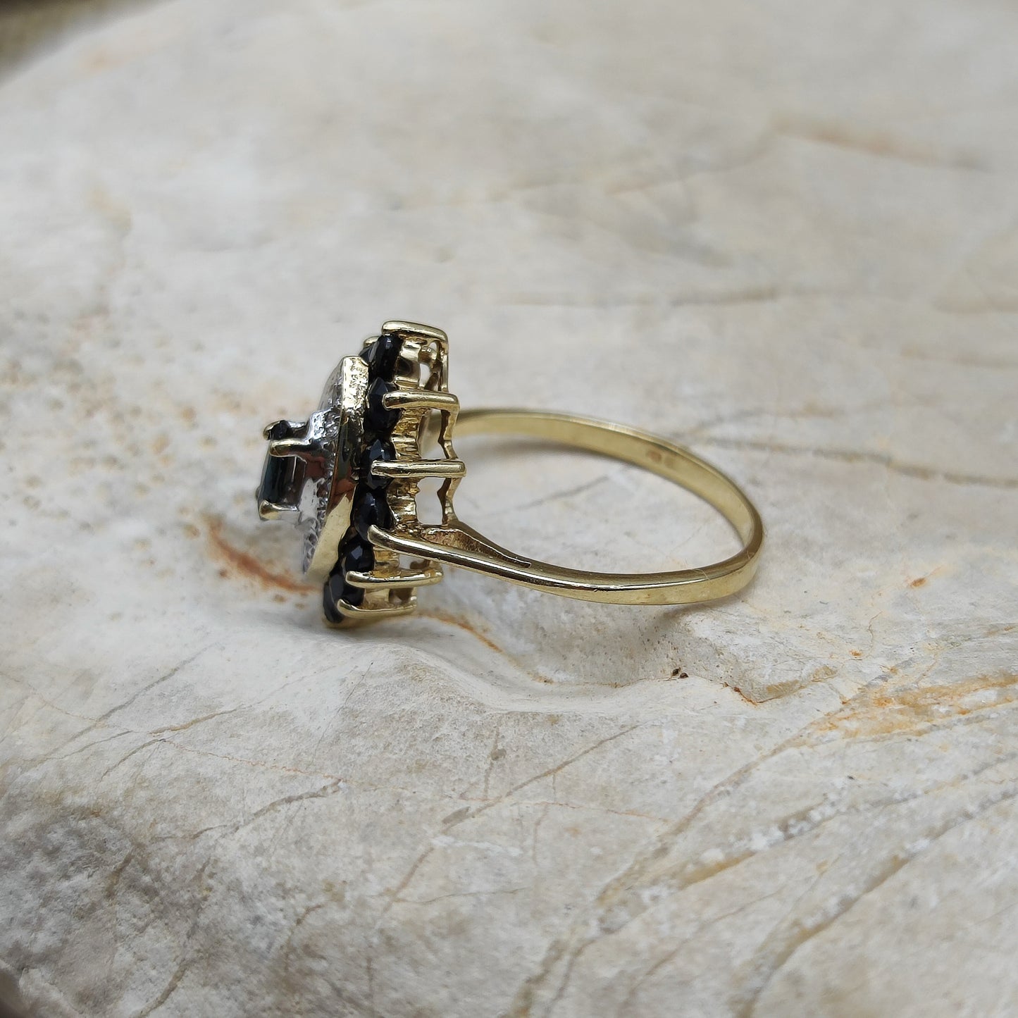 Vintage sapphire and diamond navette ring in 9K gold